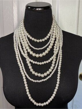 You & I Faux Pearl Large MultiStrand Layered Necklace Statement Flapper 20’s